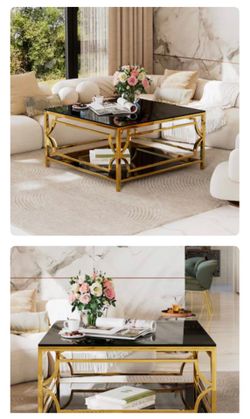 LOVMOR Square Glass Coffee Table in 33.5Inch Luxurious Geometric Metal Frame Gold Finish