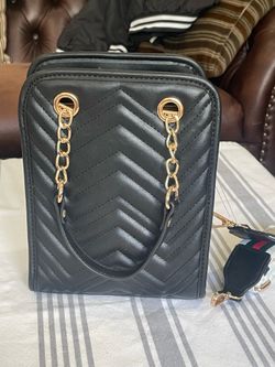 Black chevron quilted handbag, shoulder bag  purse with gold chain and striped strap.