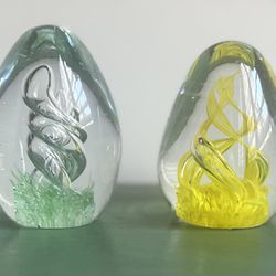 Pair of Egg Shape Blown Glass Art Paperweights Green and Yellow Swirls