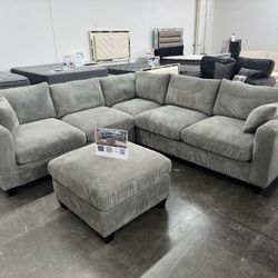 GREY CORDUROY SECTIONAL WITH OTTOMAN 