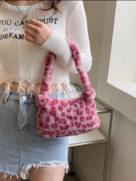 Trendy Pink Leopard Print Faux Fur Shoulder Bag