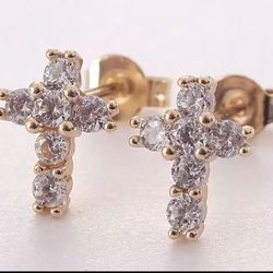Gold Plated Crystal small Cross minimalist Stud Earrings 