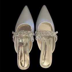 NEW Wedding Flats 9.5 Mules Pointed Closed Toe Slip on Bridal Shoes Ballet Flats Satin Rhinestone Flat Heel