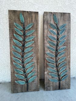 Set of 2 Rustic Wood & Teal Metal Leaf Wall Decor Panels