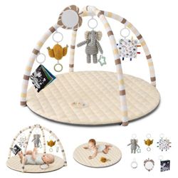New Baby Play Gym Mat, Tummy Time Activity Mat with 6 Detachable Toys for Stage