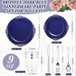 300pcs Navy Blue Plastic Plates | Heavy Duty Disposable Dinnerware Set Silver Cutlery for Weddings and Parties for 50 people