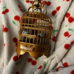 Antique Chinese Handcrafted Miniature Bamboo Birdcage With Ornate Carvings Porcelain Feeder Bowls Sliding Opening Door Hanging Hook