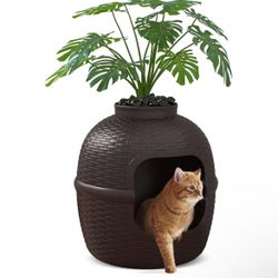 Large Cat Litter Box Enclosure with Artificial Plants & Carbon Filter, Heavy Duty PP Material Hidden Kitty Litter Box Furniture for Odor Control and H