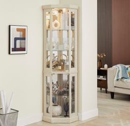 Assembled New 70" Lighted Wooden Corner Curio Cabinet Inside Mirror Corner Glass Display Case