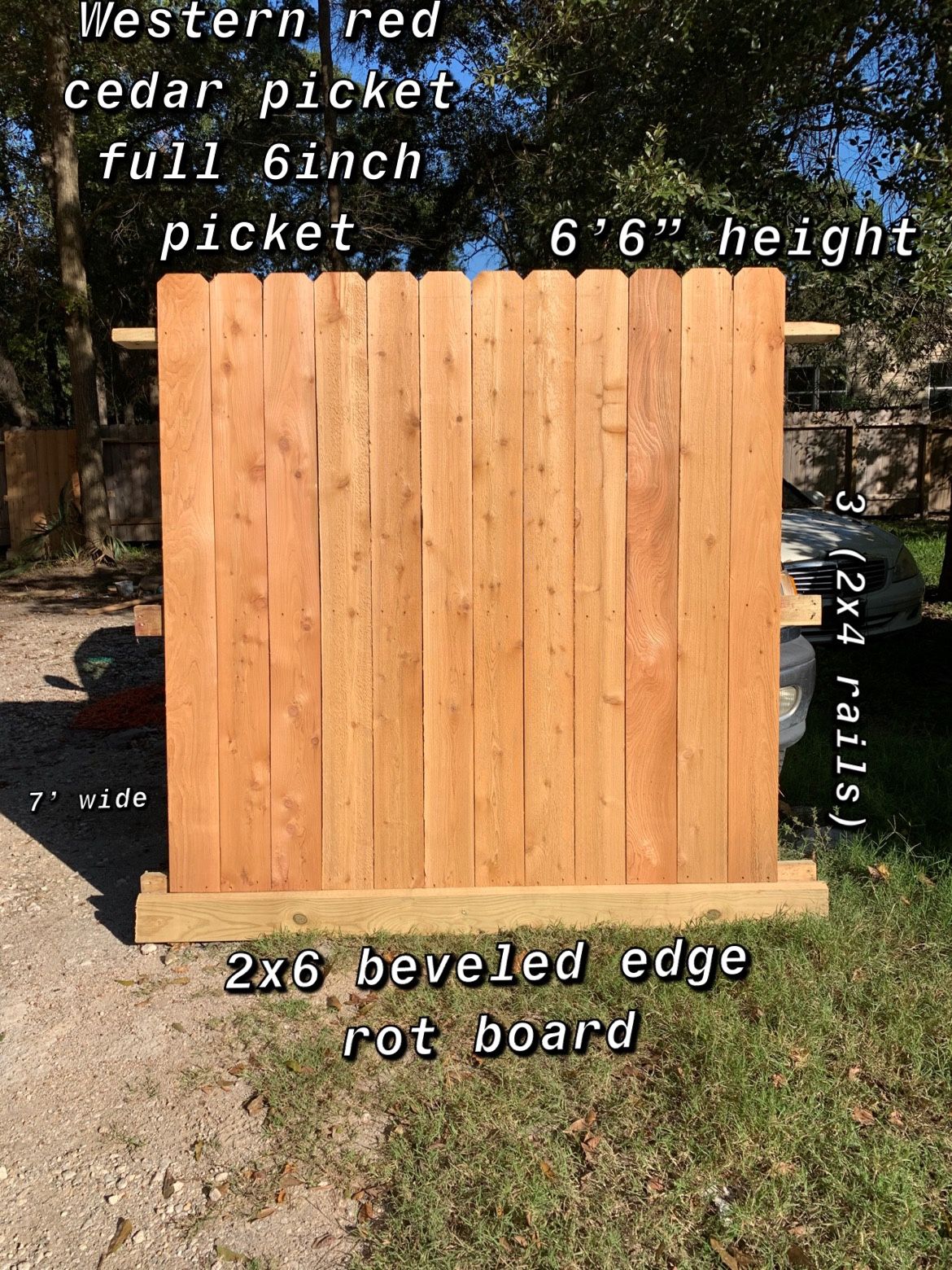 Fence panels! New! Cedar pickets! 3 rails, 2x6 beveled edge rot board