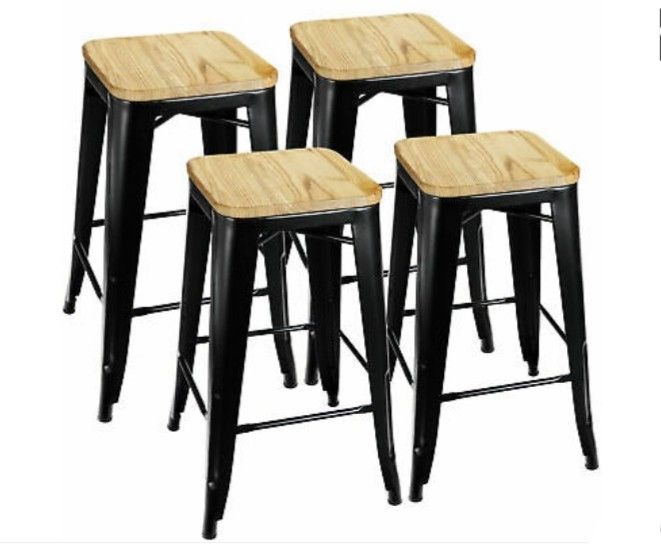 4-Piece Set Metal Bar Stools with Wooden Seat