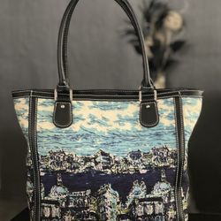 Talbots Italian Venice Waterscape Navy Blue Canvas Brocade Weave Tote Bag Purse
