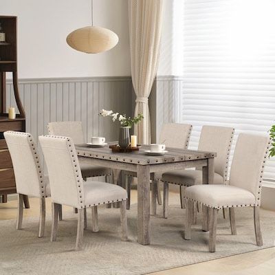 beige Rustic Dining Room Set with Rectangular Table ( Seats 6 )