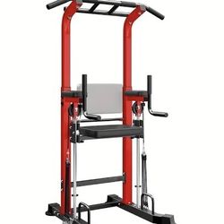 Power Tower Dip Station Pull Up Bar for Home Gym Multi-Function Adjustable Height Strength Training Workout Equipment,red