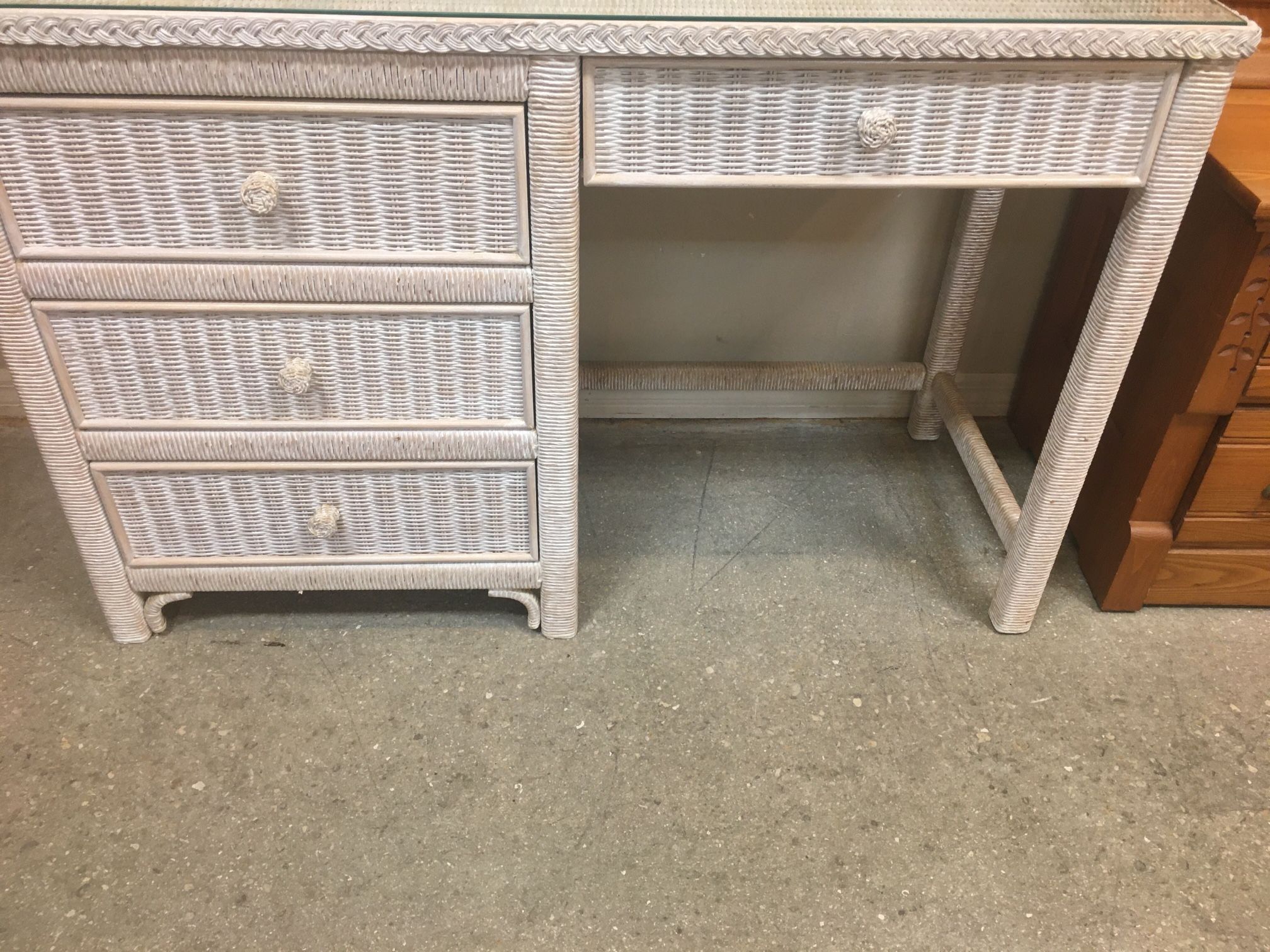 2 Wicker  Desk With Glass Tops And Chair