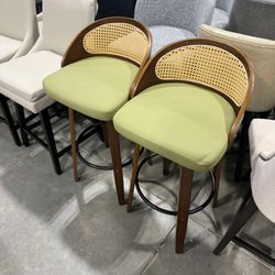 30" Swivel Rattan Bar Stools Set of 2,Mid-Century Modern Green Faux Leather Upholstered Bar Height Stools