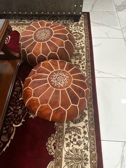 Set of 2 Moroccan-Style 100% Leather Poufs/Ottomans – Brown – 22"
