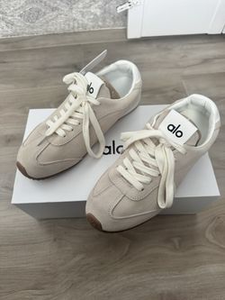 ALO Yoga Women's Beige Suede Sneakers with White Laces