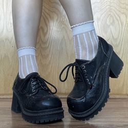 SODA Vintage Y2K Black Faux Leather Chunky Platform Lace Up Heeled Oxford Shoes