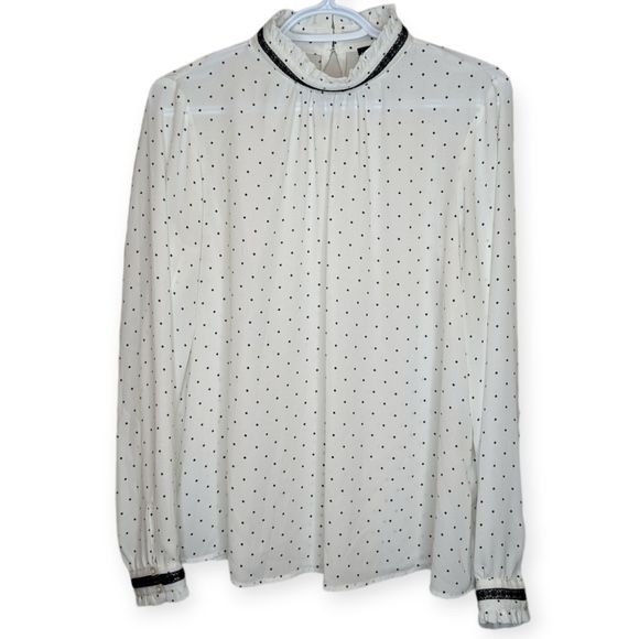 Karl Lagerfeld Paris Black& White Polka Dot Dress Blouse High Neck Lace