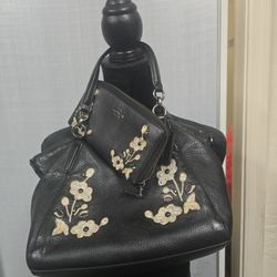 Coach Purse & Matching Wallet Black With Gold Flowers 