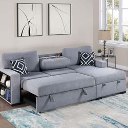 2pcs Sectional Sofa W/Pulloutbed Storage Chaise , Shelf & Drop Down Cupholder W/Wireless Charging