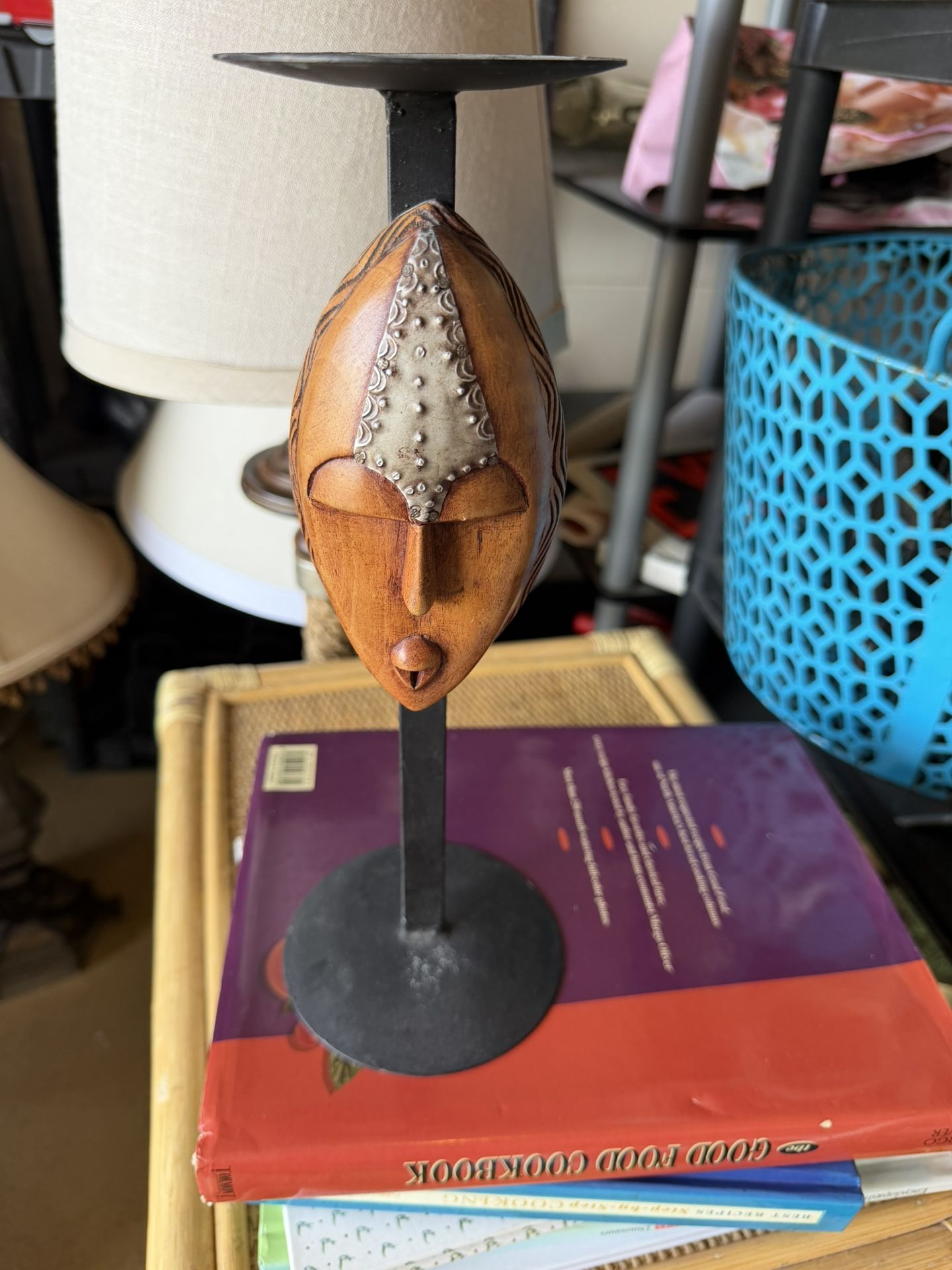 African Themed Wood And Metal Candle Holder