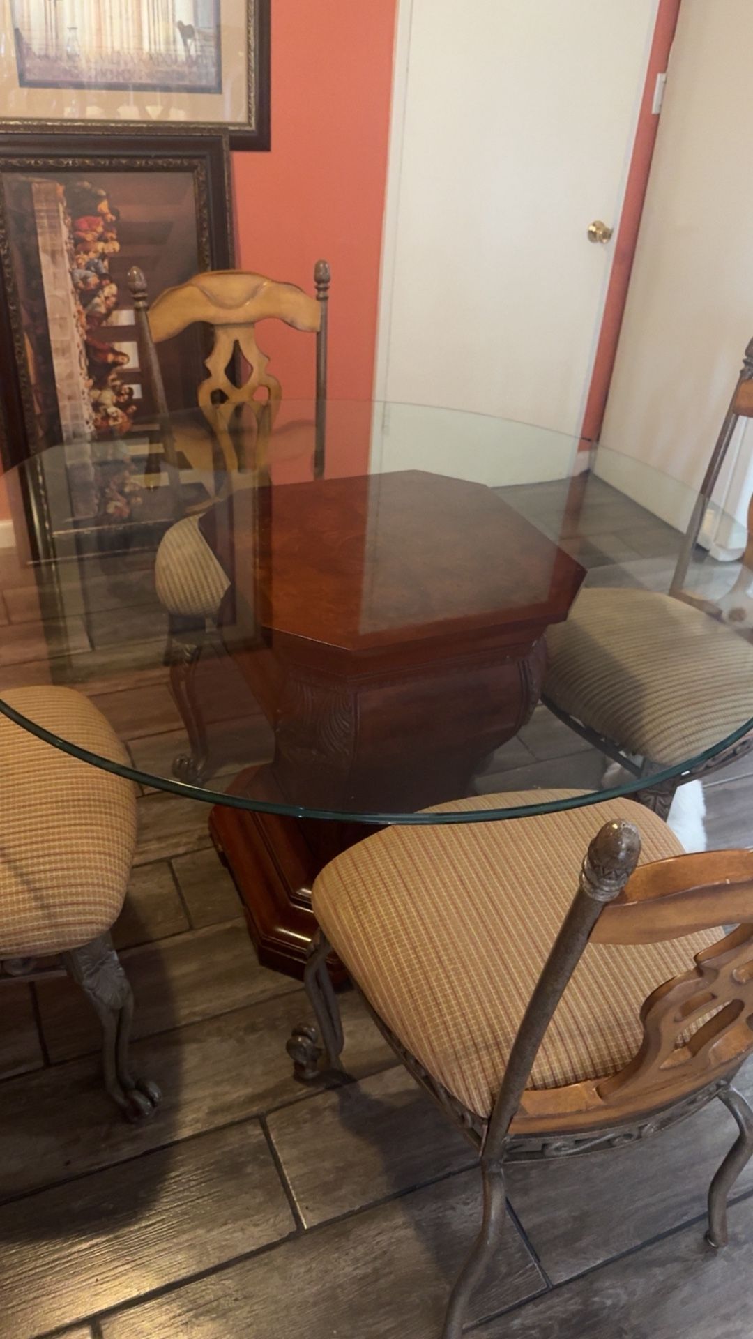 Nice Glass Table . With Sturdy Metal Wooden Chairs 