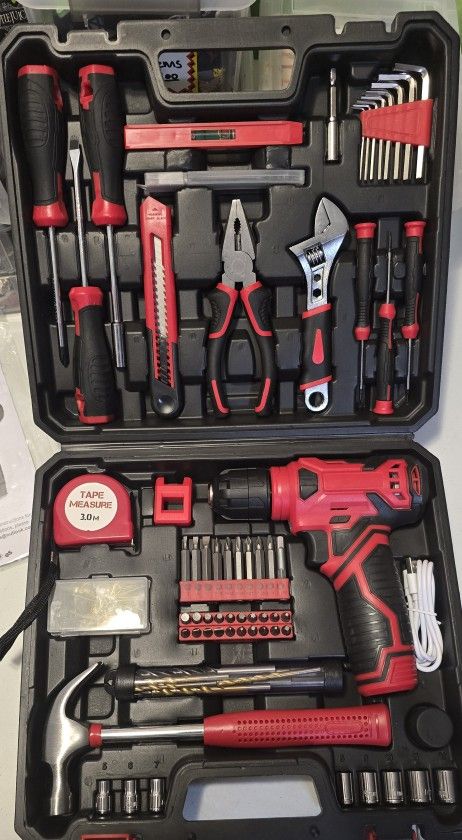 Tool Set - 8V Cordless Drill Kit, 132 Piece Box With Hand Drill