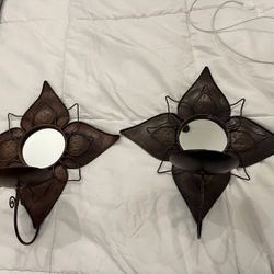Metal Flower Wall Hanging Candle Holders With Mirrored Centers, Set If 2