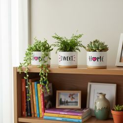 Home sweet home ceramic trio-white with pink hearts accents.