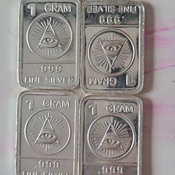 Set Of 4x [1g] All Seeing Eye Bar, ingot, .999 Fine Silver Unique Silver Bars