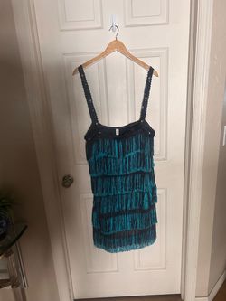 Flapper dress Teal and Black Fringe Mini Dress