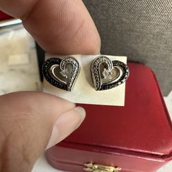 925 Sterling Silver , Diamond Chip Center , ❤️ Heart Stud Earrings , Marked In Photos , Rubber Backs 