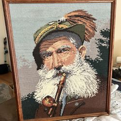 Vintage Needlepoint In Wood Frame Scottish Man Smoking Pipe