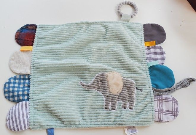 Modern Baby Blue Elephant Security Blanket Teether Crinkle Lovey Sensory Tags