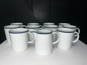 Crate & Barrel Set of 12 White Ceramic Mugs with Blue Rim