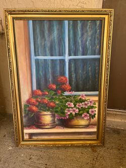 Painting of flowers on window originating from Dom. Rep
