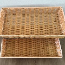 Set of 2 Vintage 2-Tiered storage Organizers w/ wicker baskets & iron stands