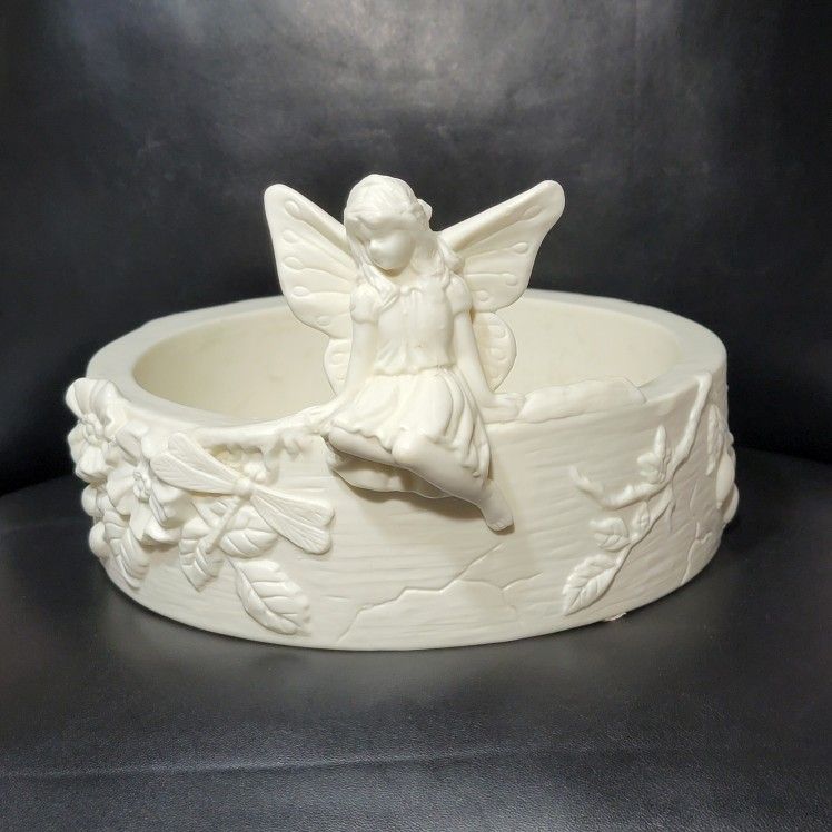 Vtg PartyLite Ivory Angel Spring Song Fairy Dragonfly Candle Holder Trinket Bowl