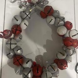 11” Red and Silver Bells and Snowman Wreath With Gold Metal Holly Trim