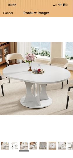 Extendable Round Dining Table for 6-8 People, Oval Dinner Table with Adjustable Top and A Stable Round Pedestal Base, Space Saving Wooden Kitchen and 