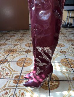 $25! Burgundy Patent Thigh-High Stiletto Boot