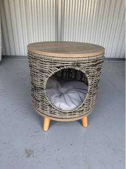 Modern Wicker Cat House End Table with Cushion – Pet Bed & Side Table