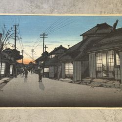 Antique Japanese Woodblock Print "Twilight At Imamiya Street" by Ishiwata Koitsu