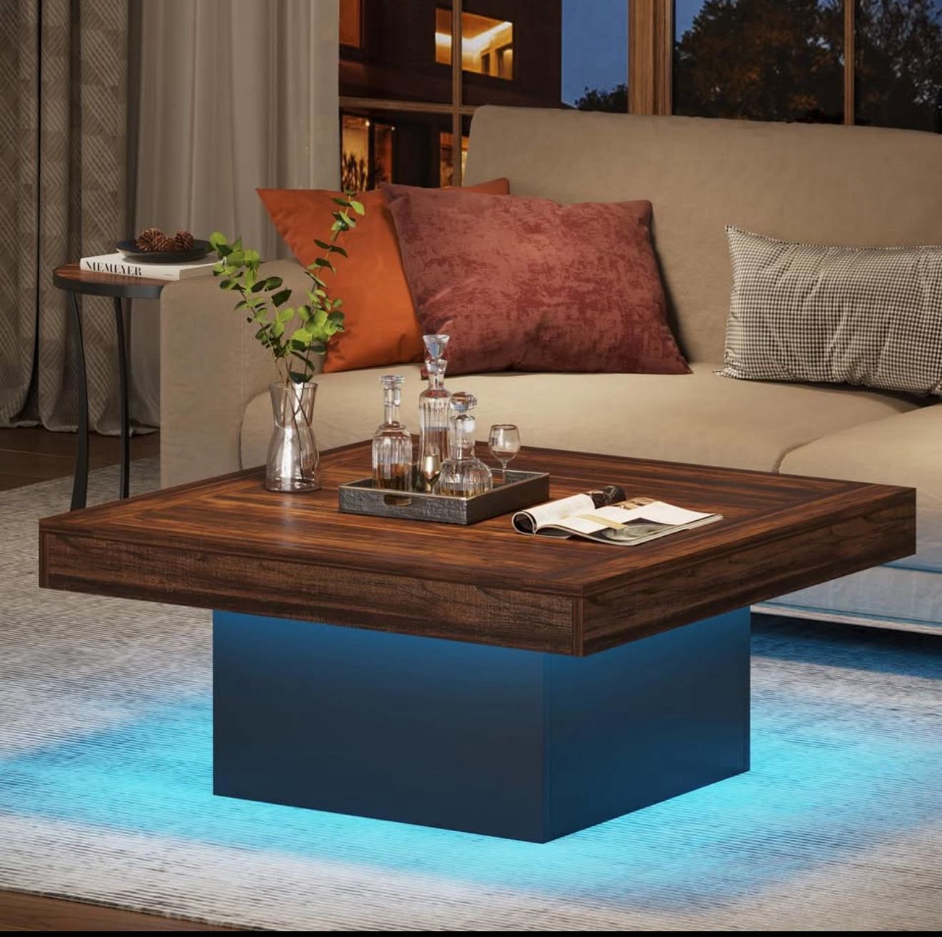 Rustic LED Square Coffee Table | Farmhouse Wood Cocktail Table for Living Room