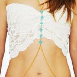 Body harness gold tone chain necklace with blue turquoise cross