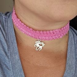 Plus Size Handmade Pink Elastic Lace Choker Necklace Mystical Horse Charm