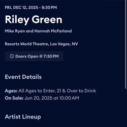(2) Riley green tickets @ Resorts world 
