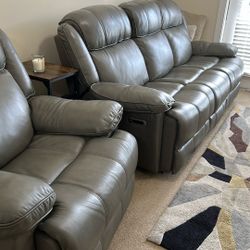 Parker House Soft Gray Leather Dual Reclining Couch And Recliner. 